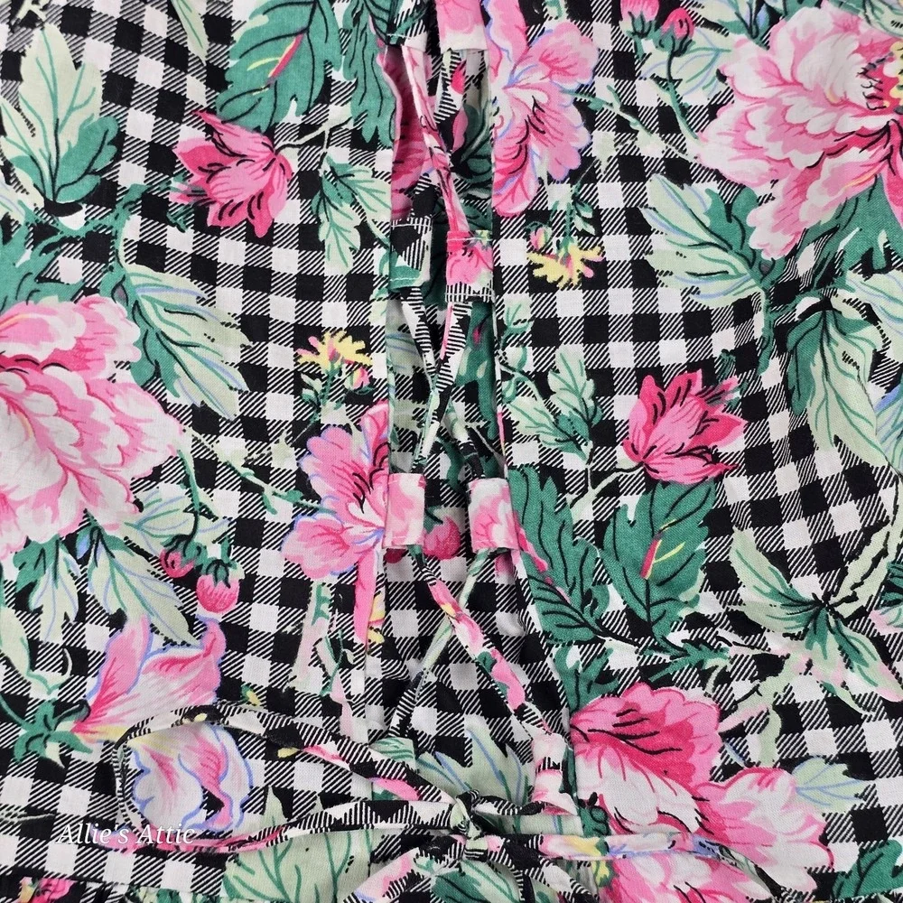 Vintage‎ Girls Dress Sleeveless Tank Pink Black Gingham Flower Floral Cotton Tie